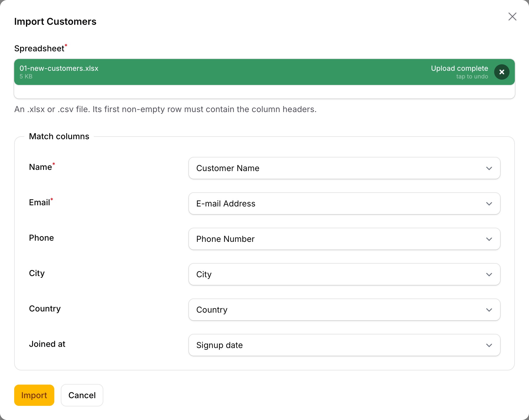 Matching file columns to fields