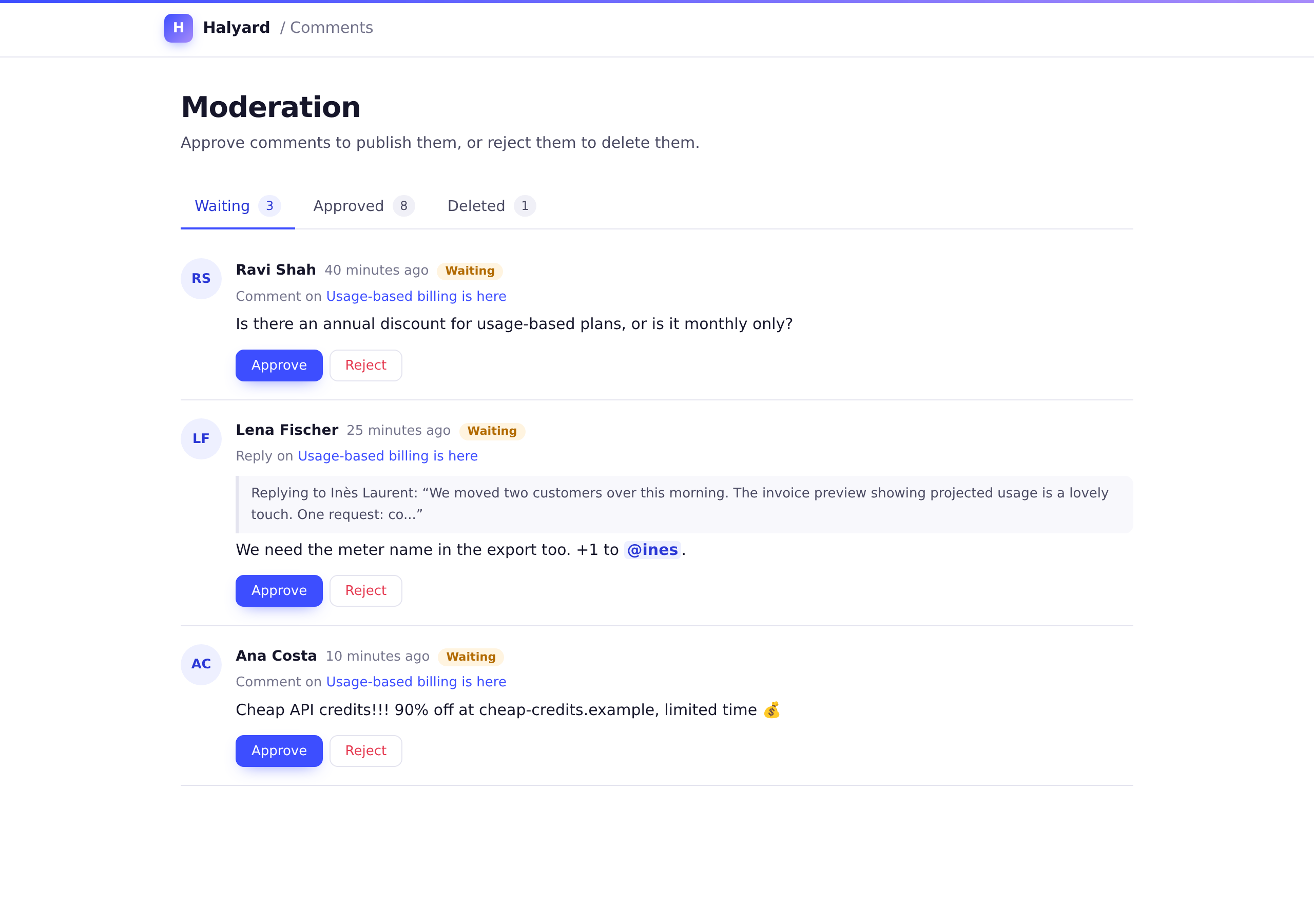The moderation page: waiting comments with Approve and Reject buttons