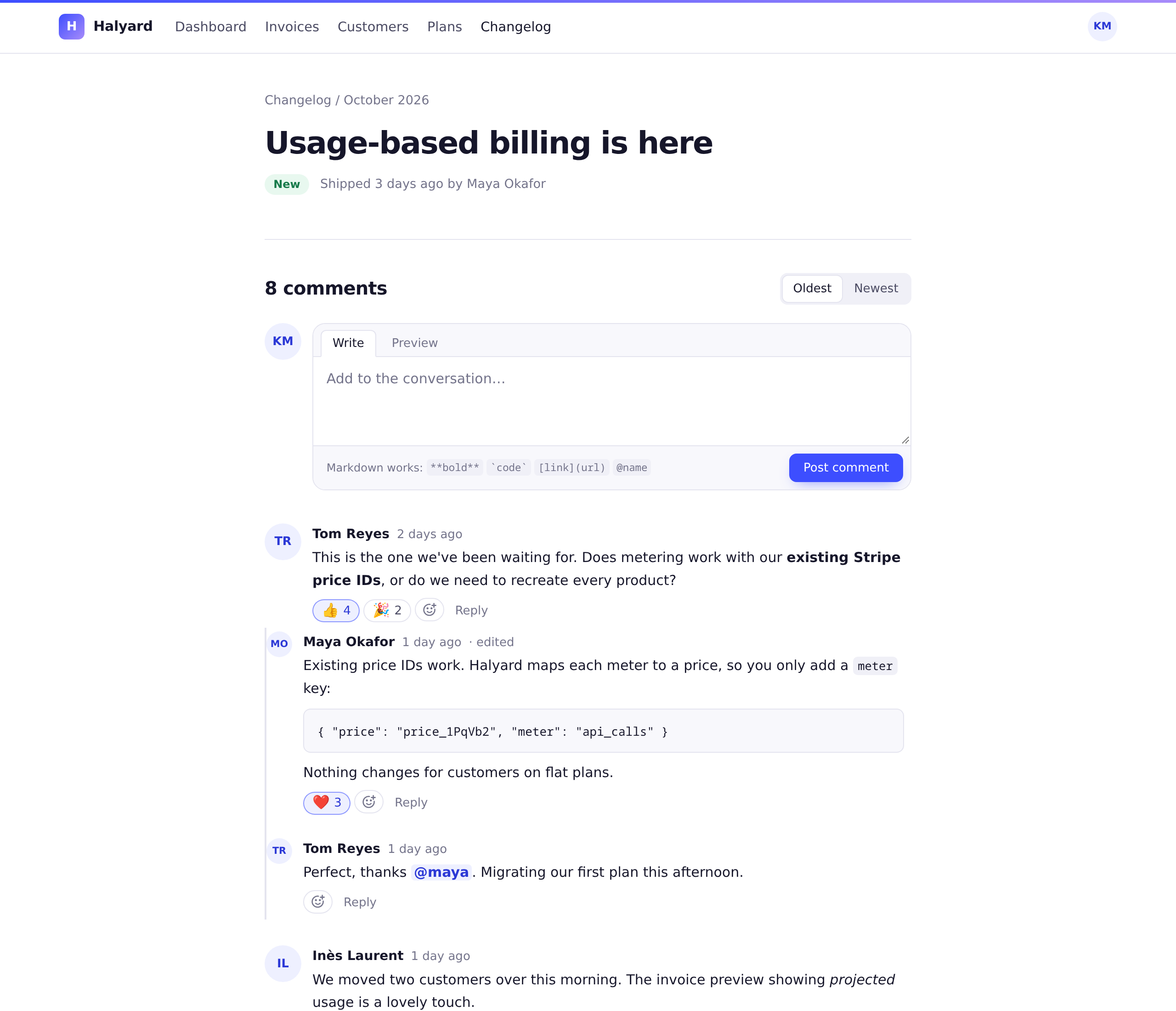 A comment thread under a changelog entry: a compose box, comments with reactions, and indented replies