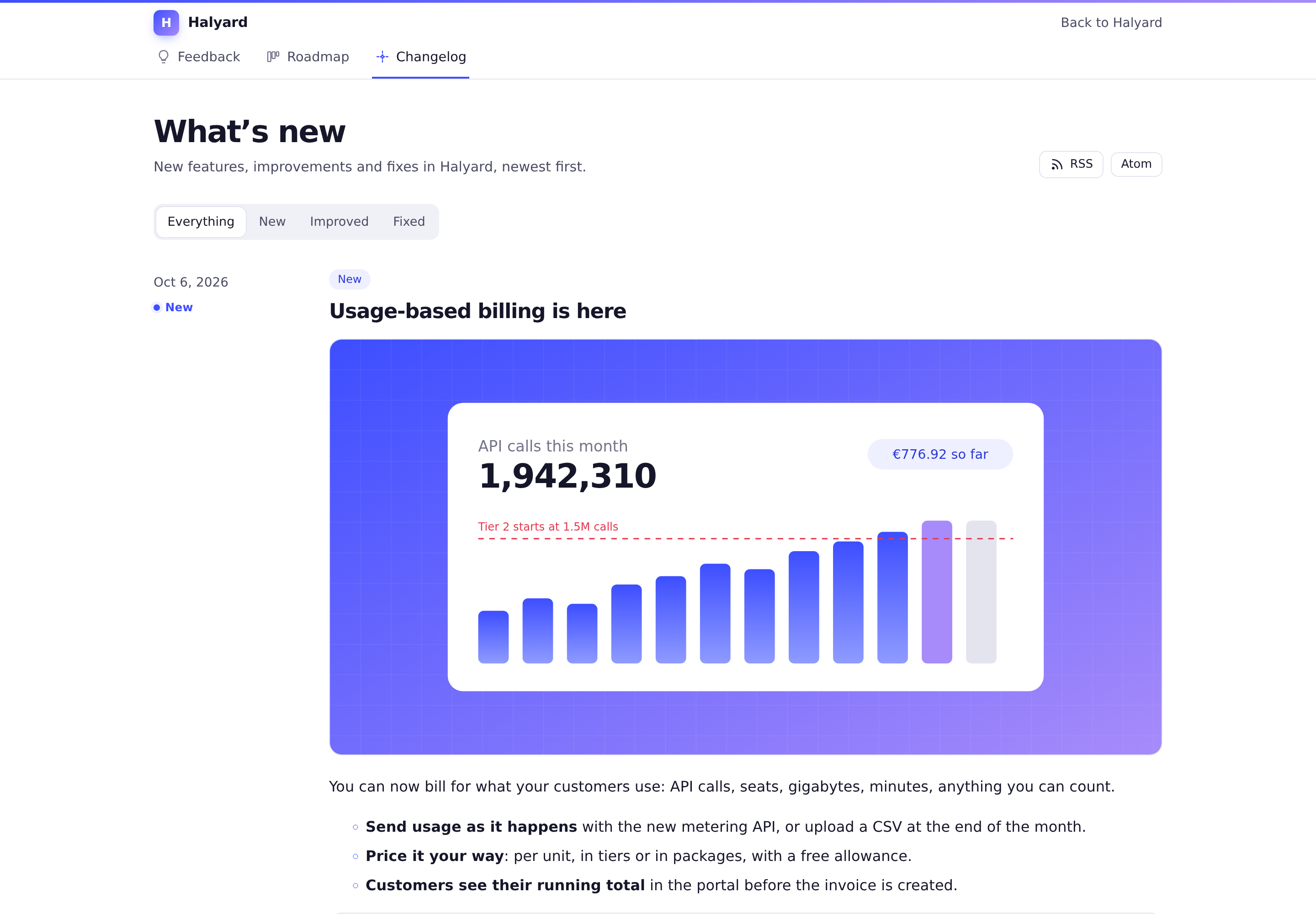 The changelog: dated entries with New, Improved and Fixed labels, a cover image and Markdown body