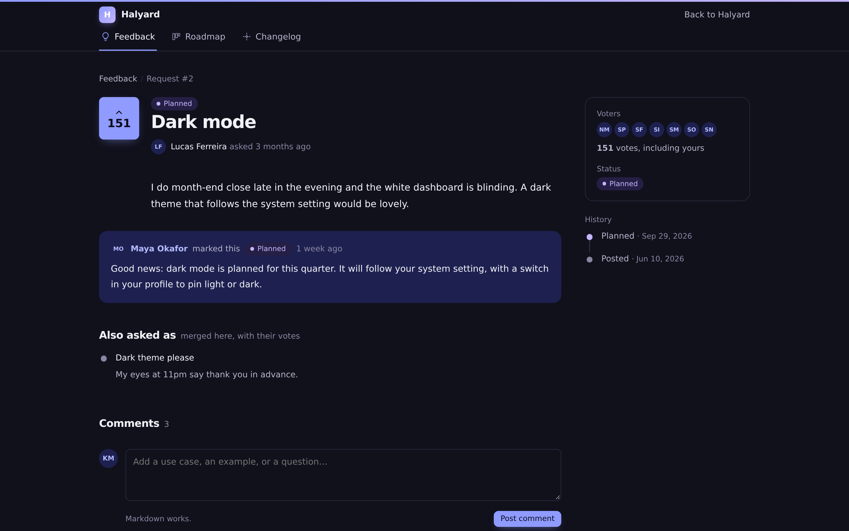 A request page in dark mode