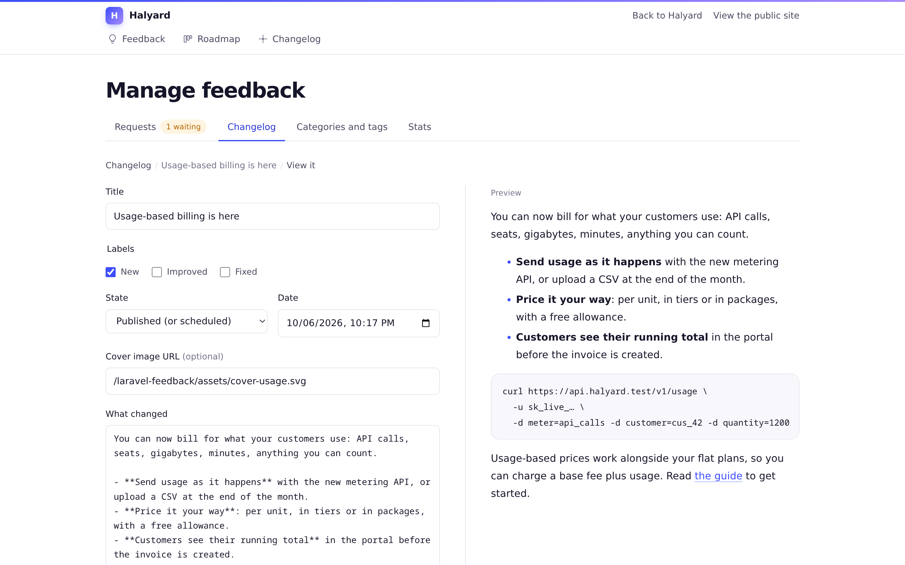 The changelog editor with a live preview