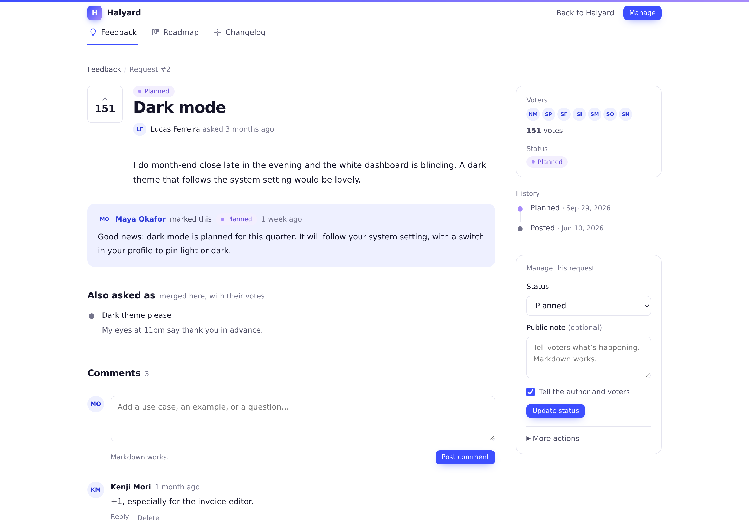 A request page as a manager sees it, with a panel to change status with a public note, pin, merge, edit or delete
