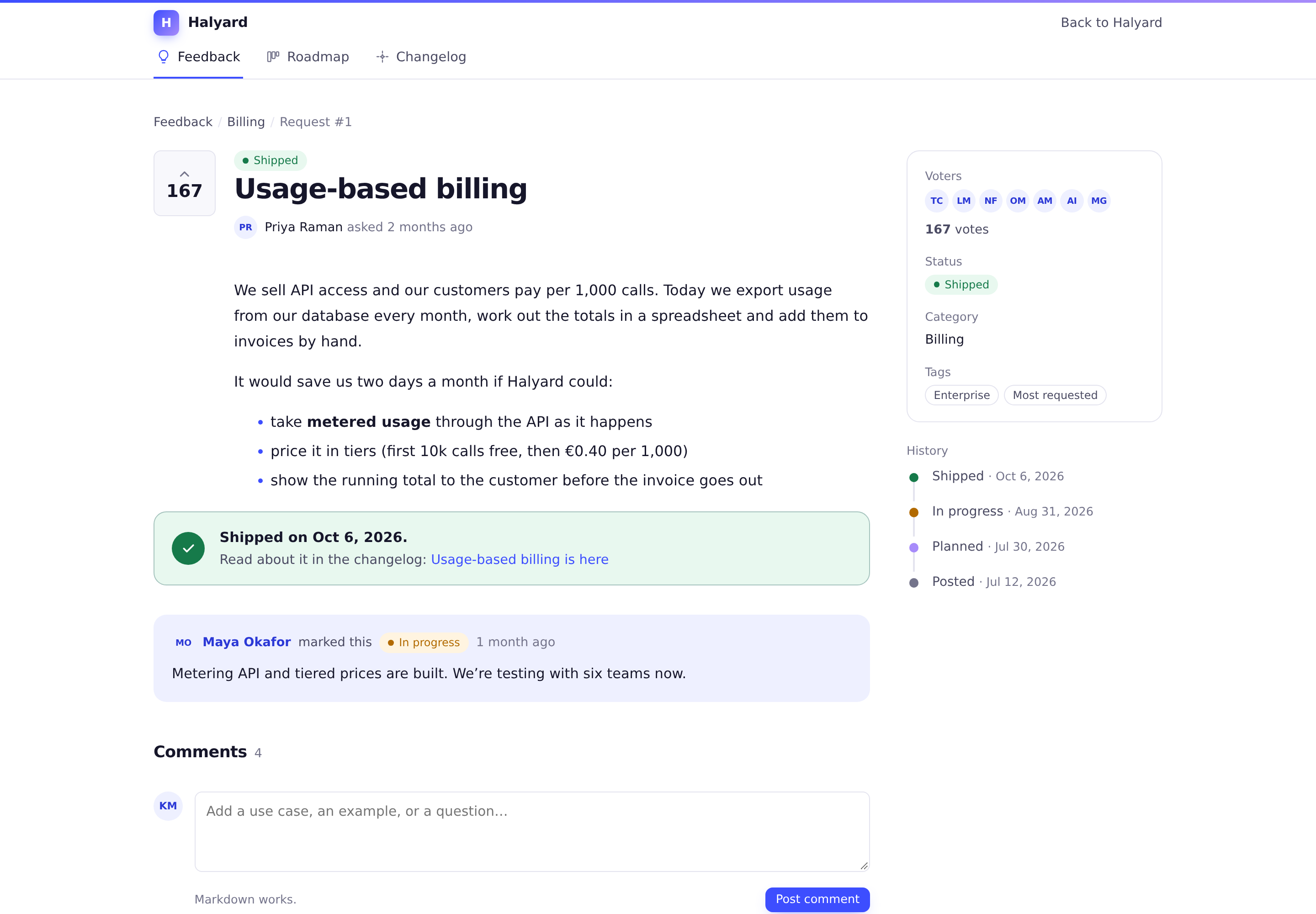 A shipped request with its vote count, description, a Shipped panel linking to the changelog entry, its history and comments