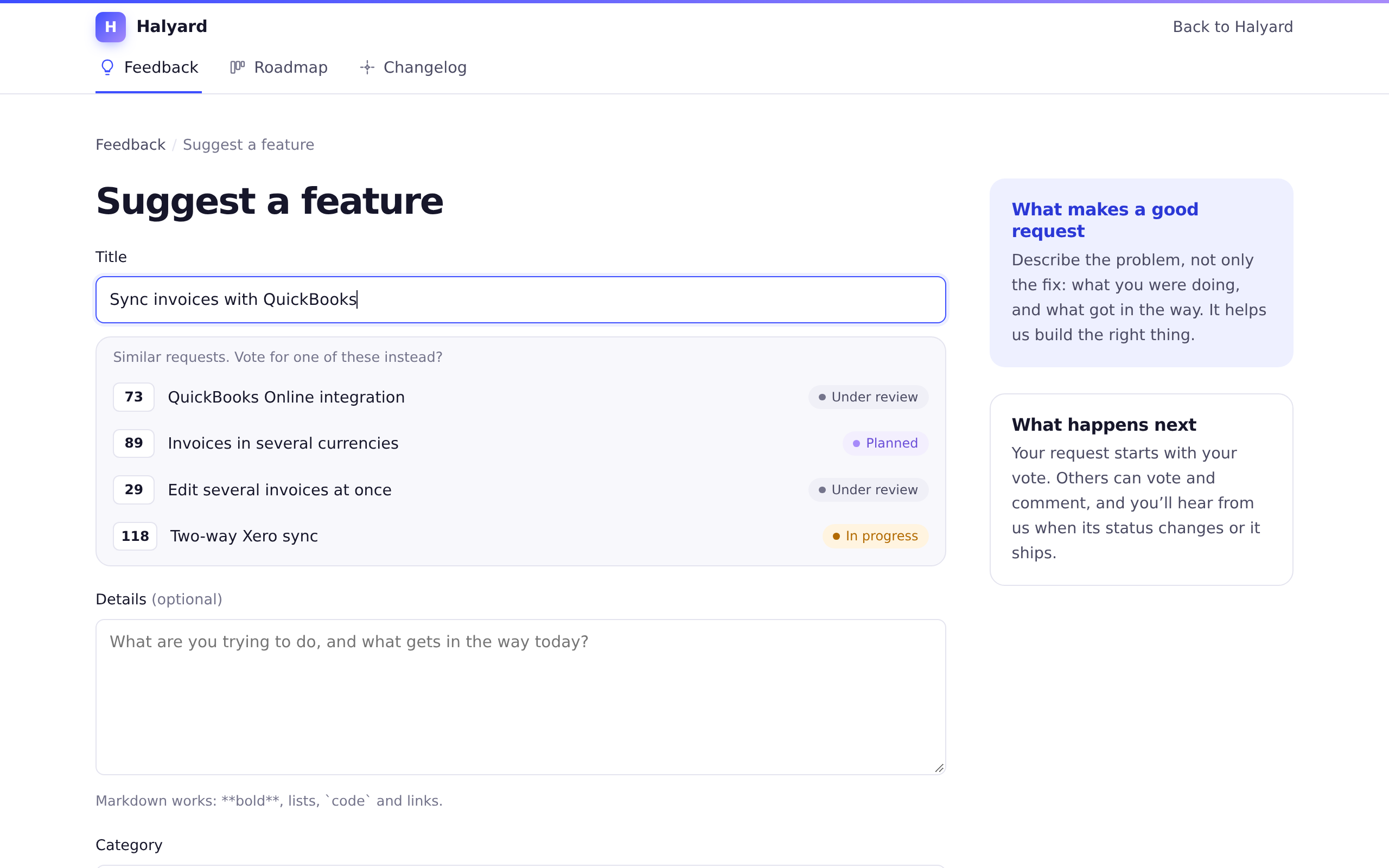 The Suggest a feature form listing similar requests while the title is typed
