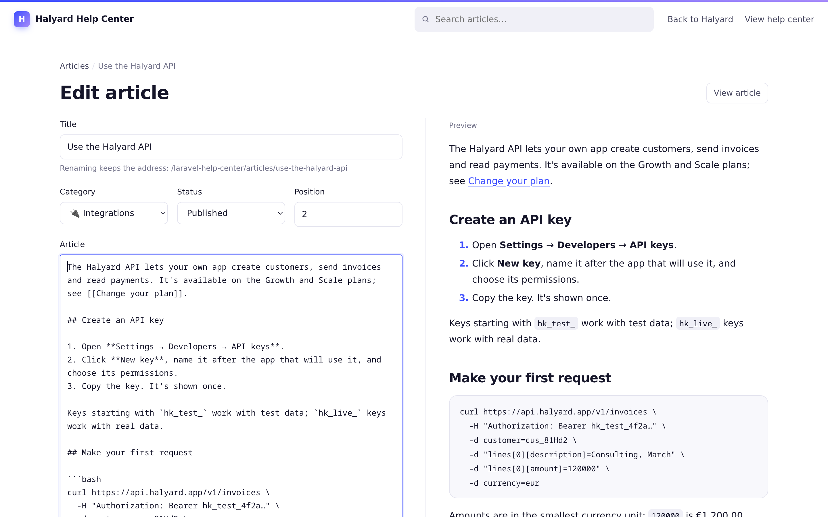 The editor: title, category, status and position fields, Markdown on the left and a live preview on the right