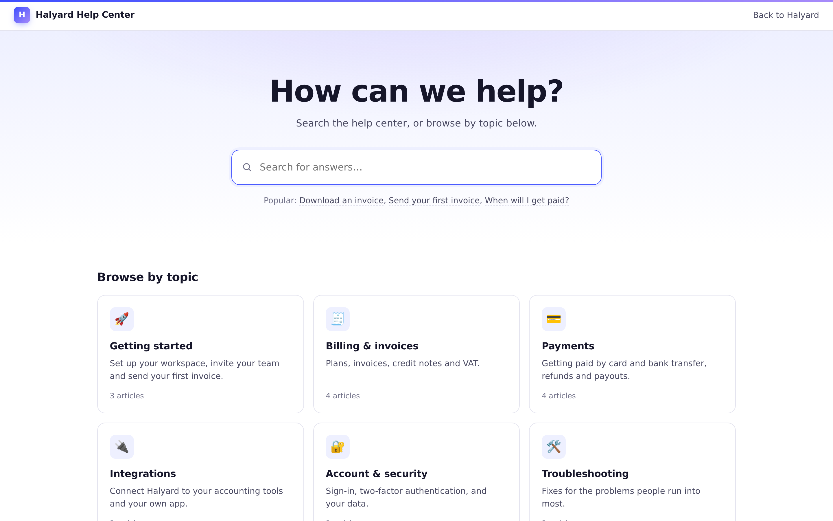 The help center home: a big search box asking How can we help?, popular articles, and cards for each category with an icon, a description and an article count