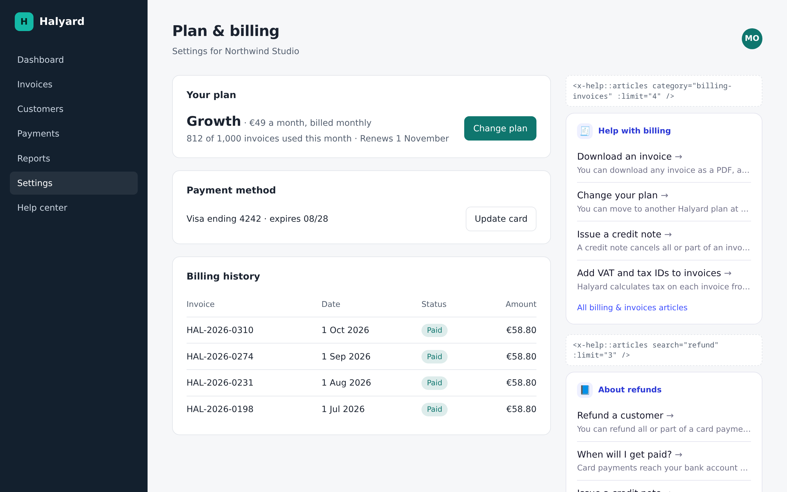 A billing settings page in the host app with a compact list of billing help articles beside it