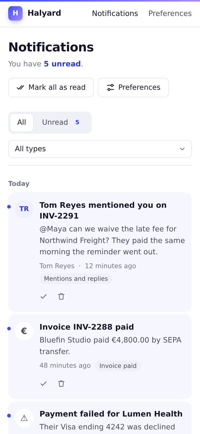 The inbox at phone width