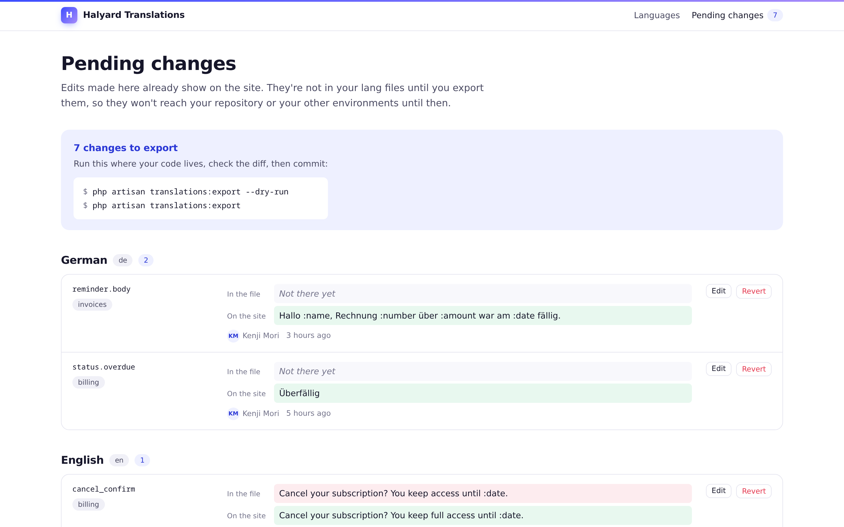Pending changes: each edit with the text in the file and the text on the site, who made it, and a revert button