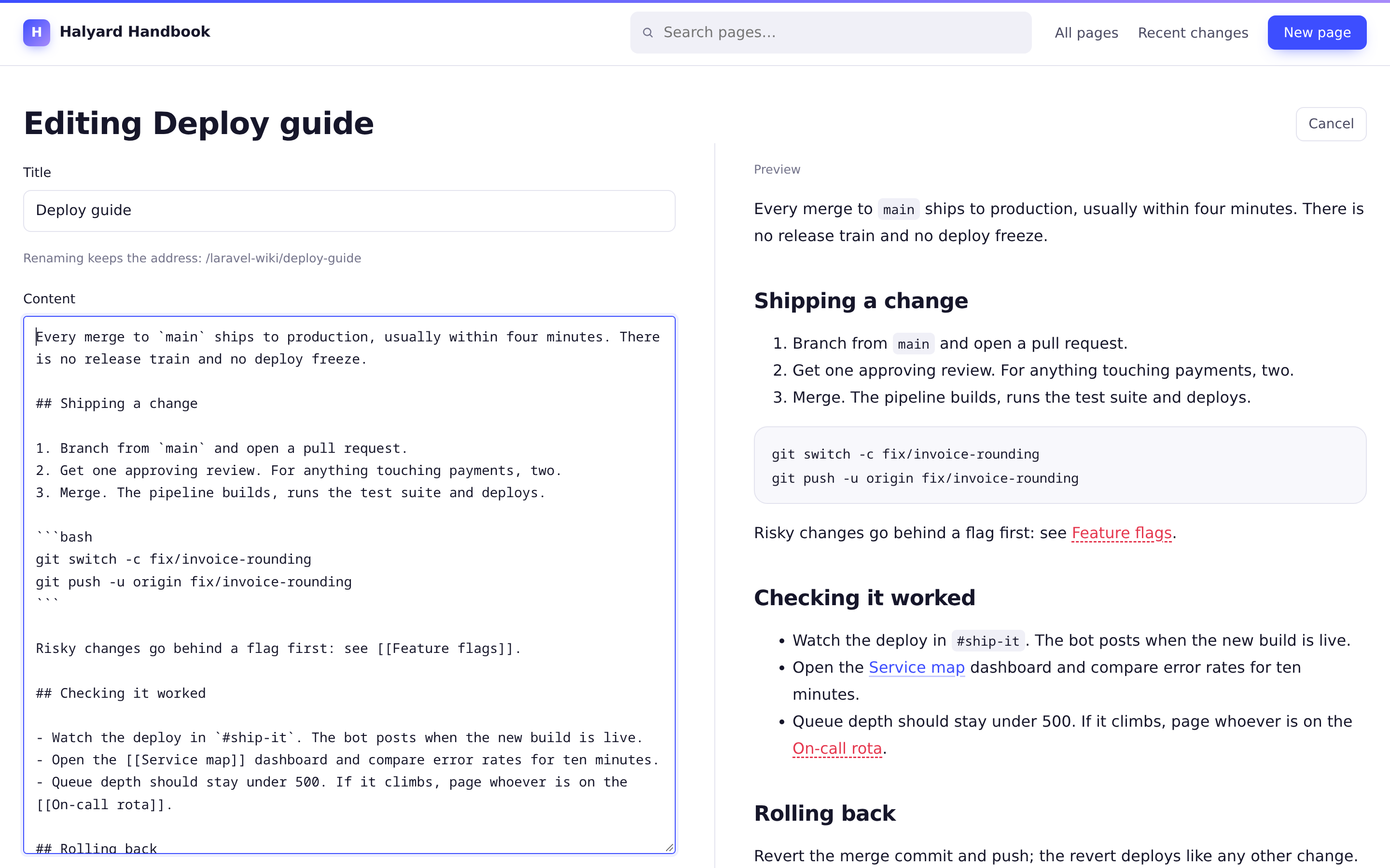 The editor: Markdown on the left, live preview on the right
