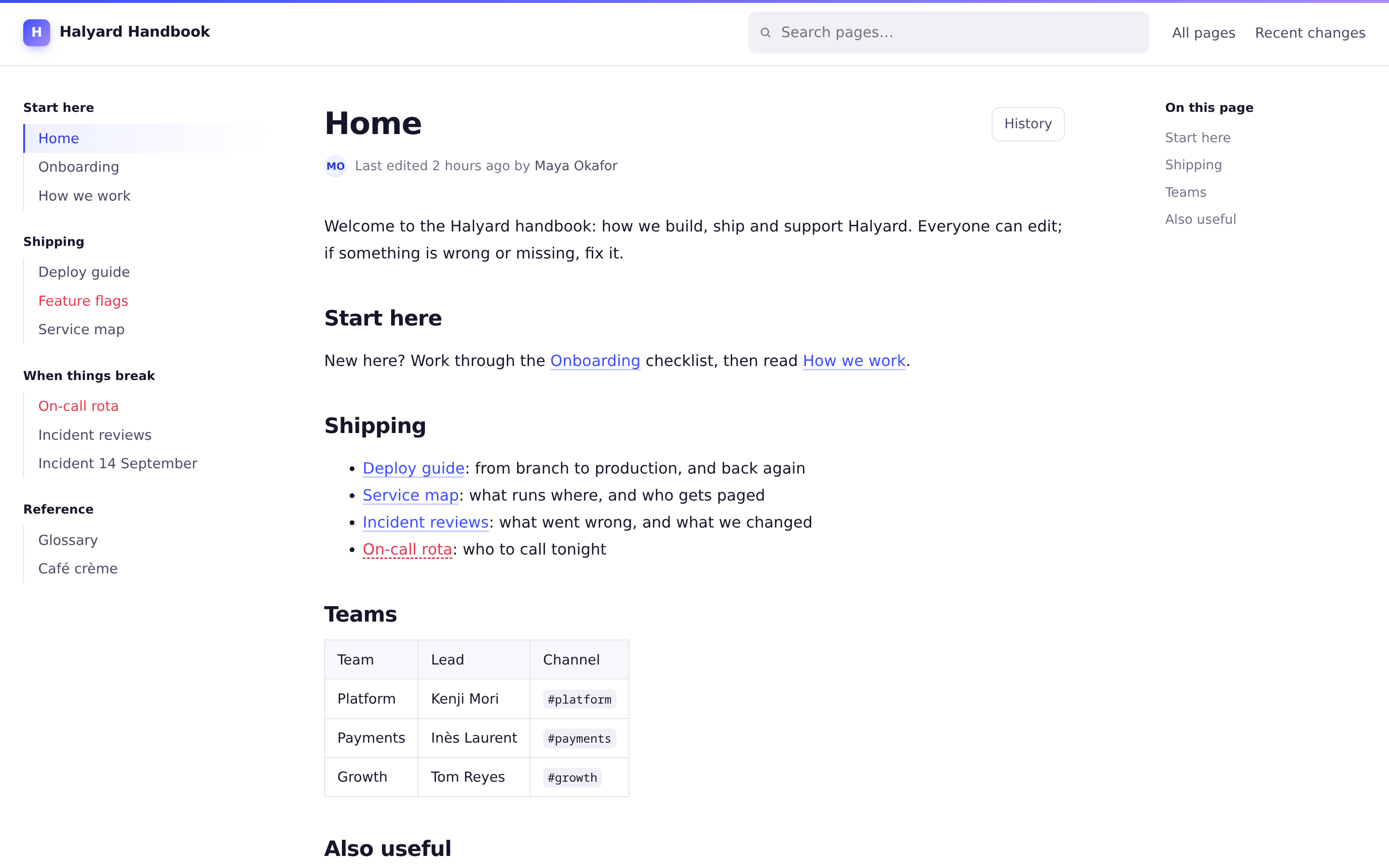 A wiki page with a table of contents, blue links to existing pages and a red link to a page not written yet