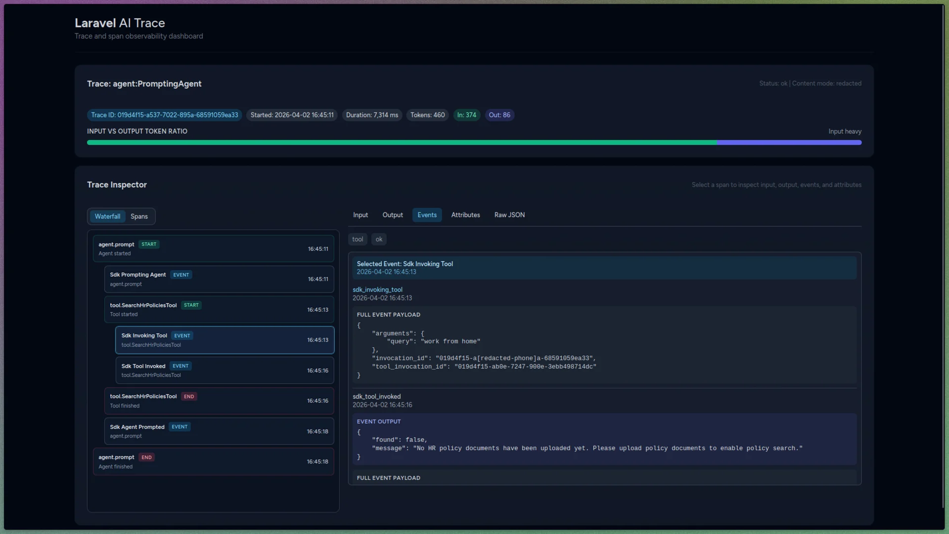 Laravel AI Trace trace detail view