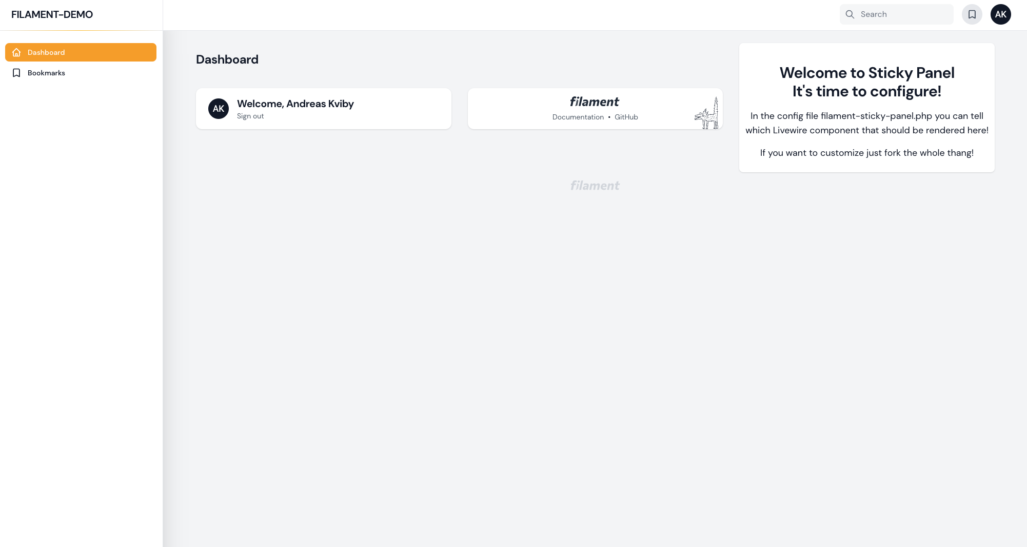 Screen shot of Filament Sticky Panel on Dashboard