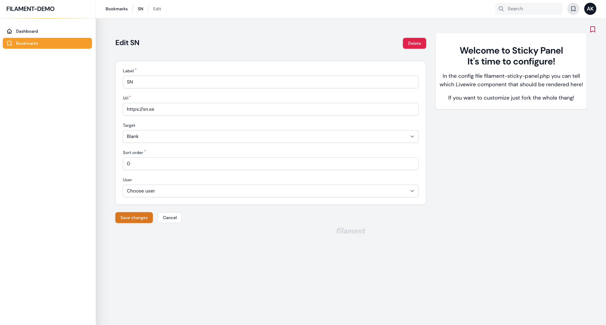 Screen shot of Filament Sticky Panel on Edit Pages