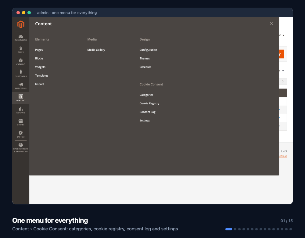 Admin slideshow: menu, consent categories, category editor, Arabic store view, cookie registry, cookie editor, CSV import, consent log, every settings group and the Cookie Table widget