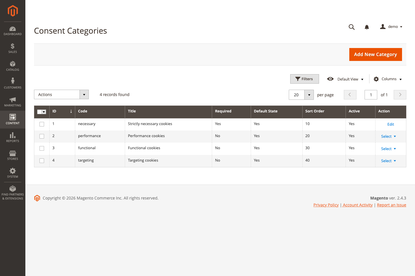 Consent categories grid