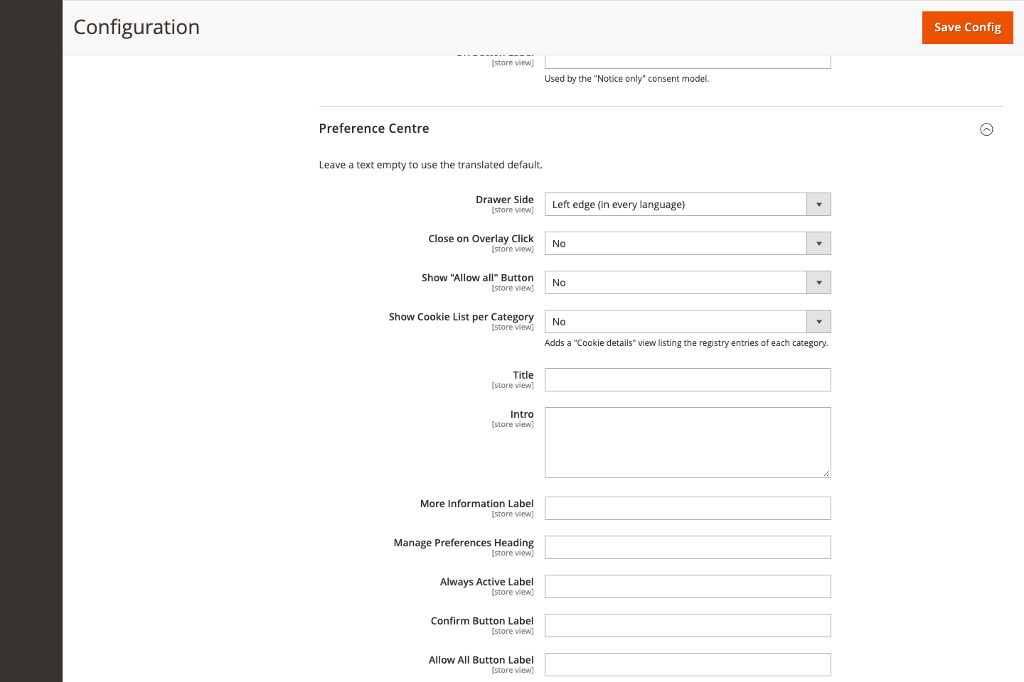 Preference centre settings