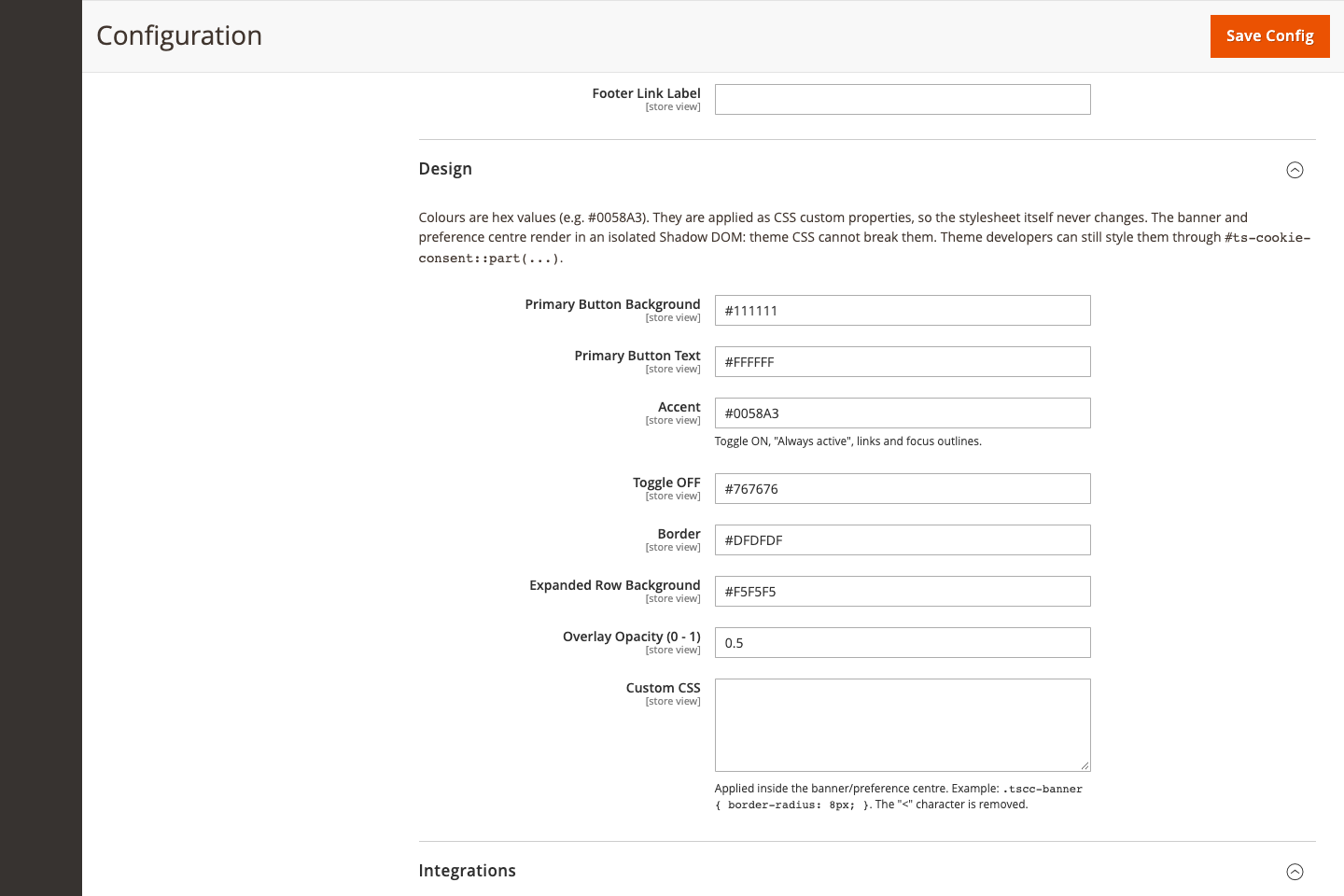 Design settings