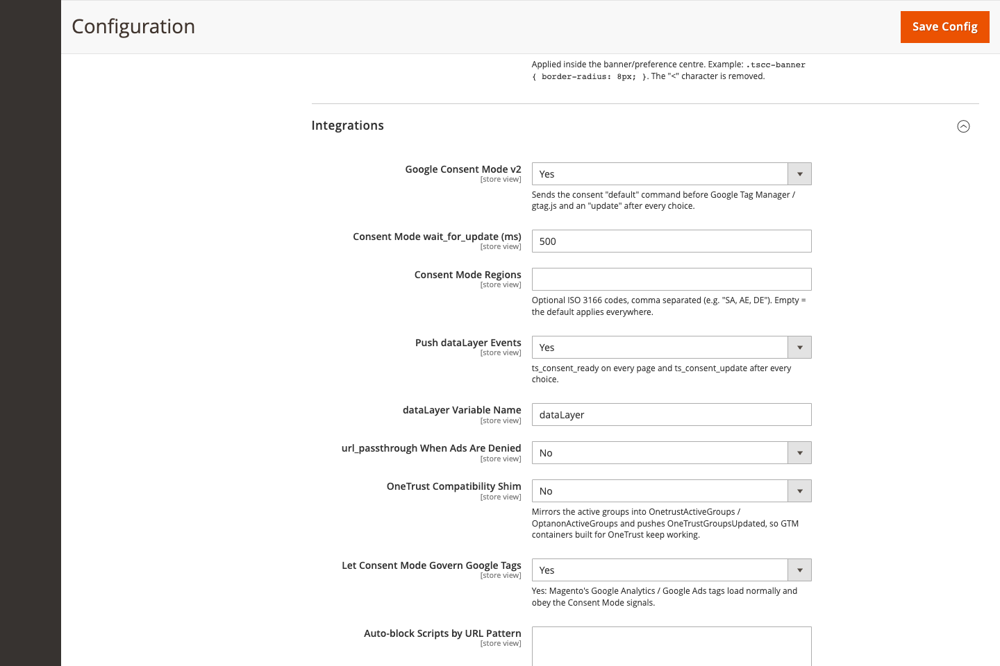 Integration settings