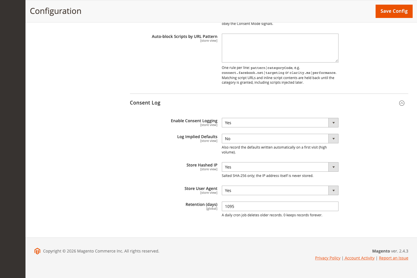 Consent log settings