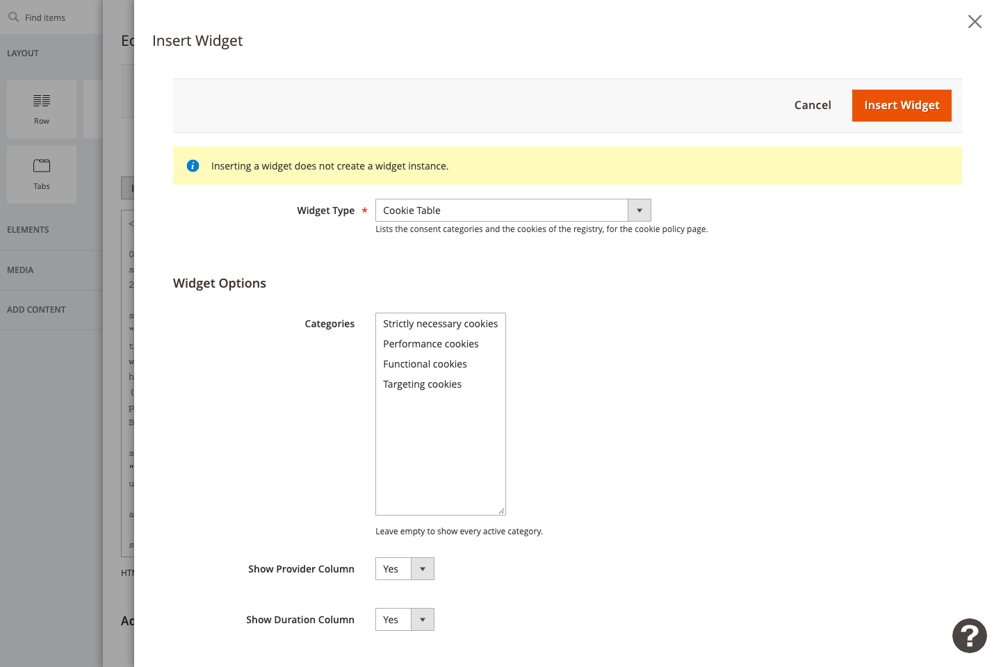 Insert the Cookie Table widget