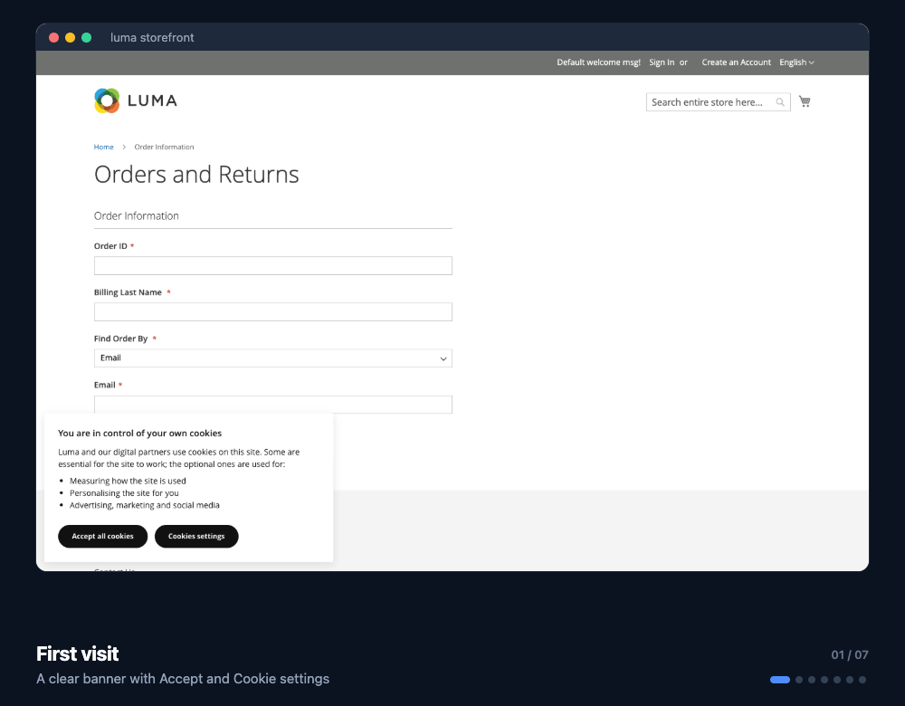 Storefront slideshow: banner, preference centre, category details, blocked video, Arabic right-to-left views and mobile screens on the Luma theme