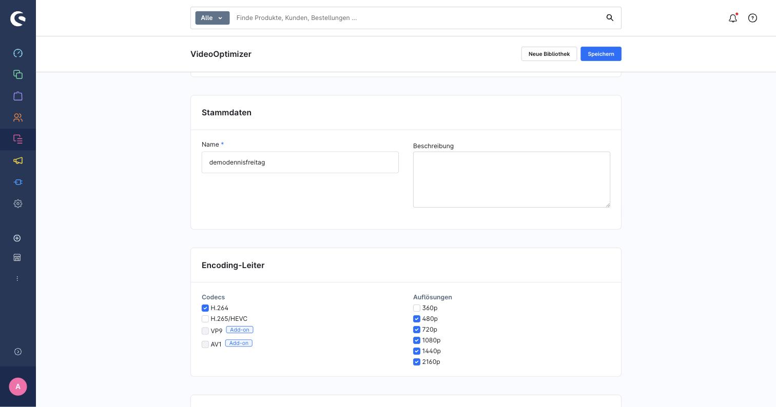 Encoding ladder card with codec and resolution checkbox groups, add-on options flagged