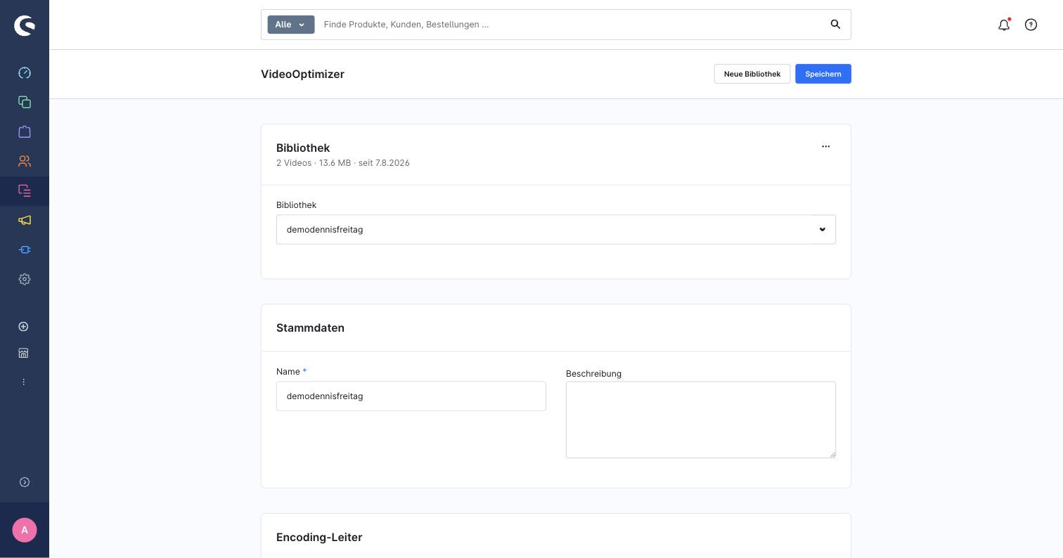 VideoOptimizer library page in the Shopware admin — smart-bar actions and cards for library selection and master data