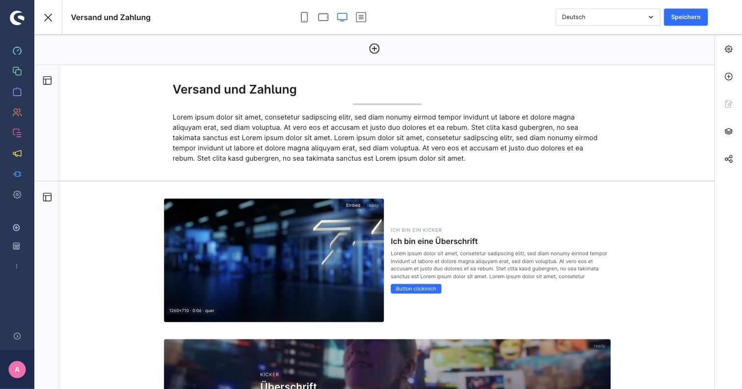 Shopping Experiences editor with the media-split and background-hero VideoOptimizer elements placed