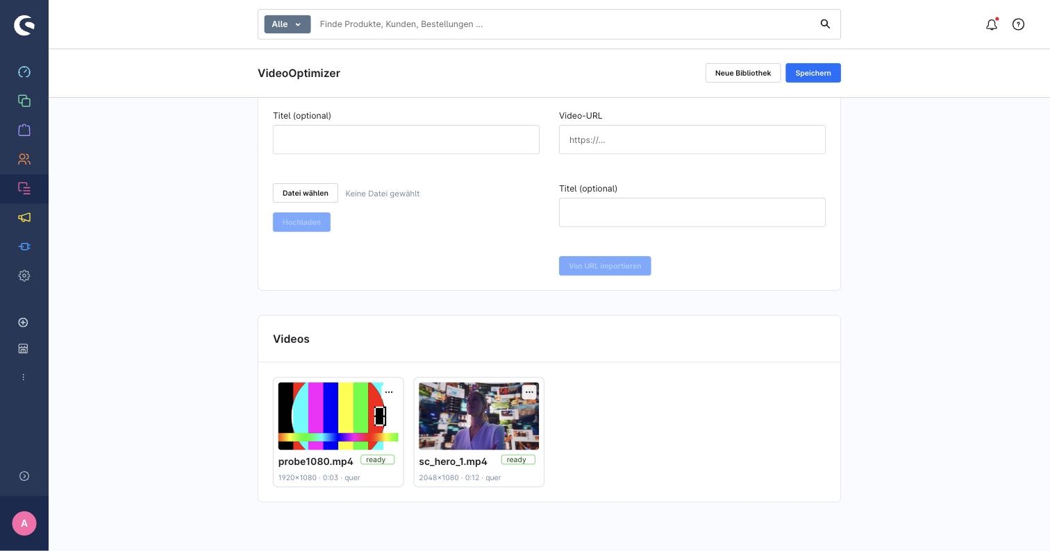 Video gallery in the admin — add-video card with file upload and URL import, plus a tile grid of videos