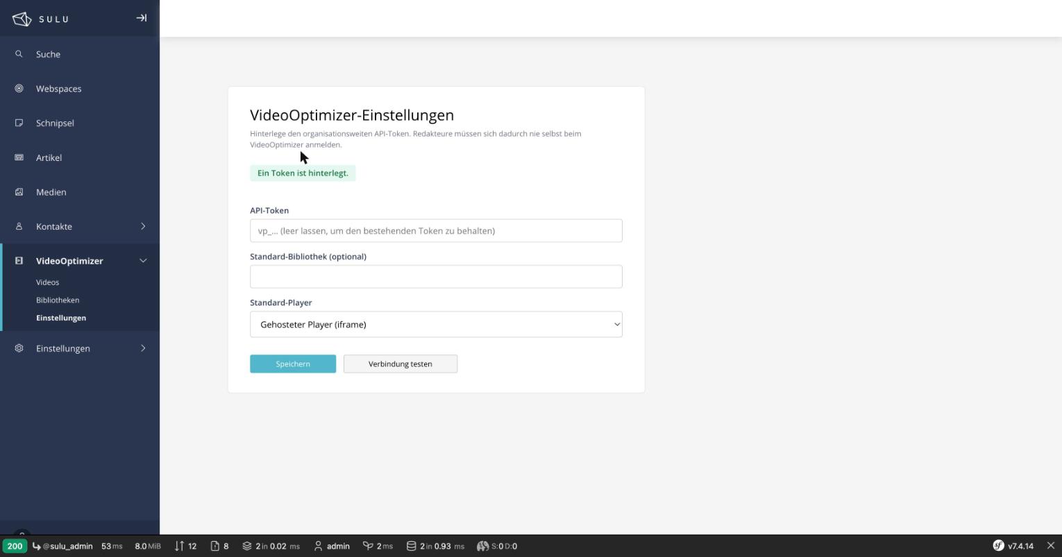 VideoOptimizer settings page with the write-only, encrypted API token field