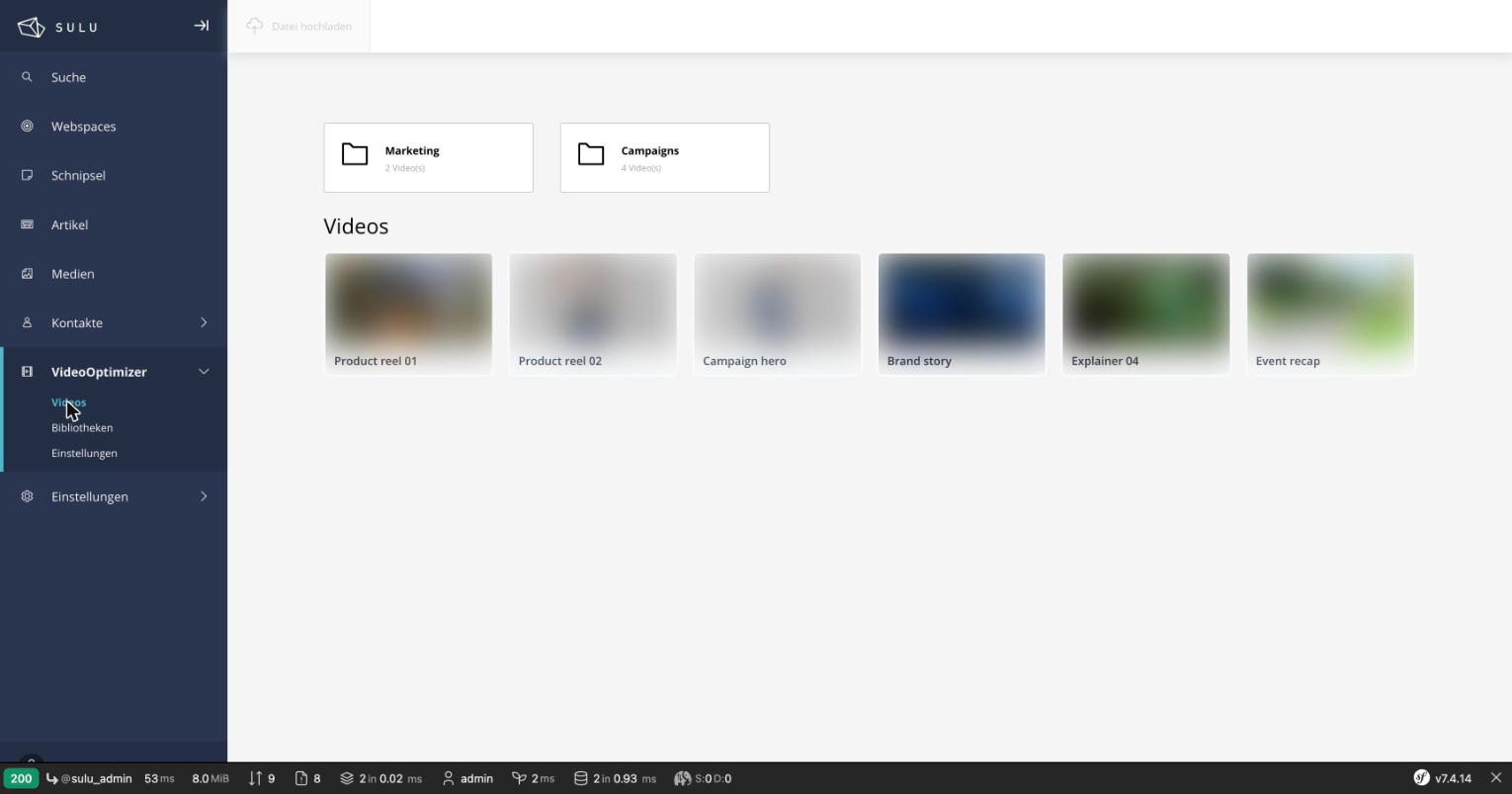 Videos view in the Sulu admin — libraries as folder tiles and videos as a thumbnail grid