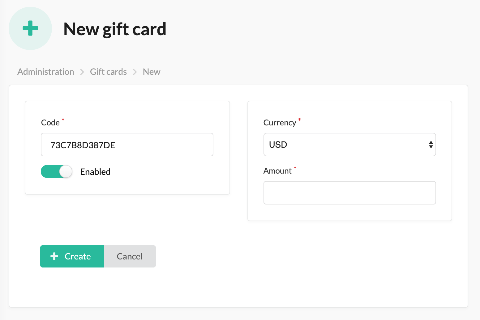 Screenshot showing gift card admin create page