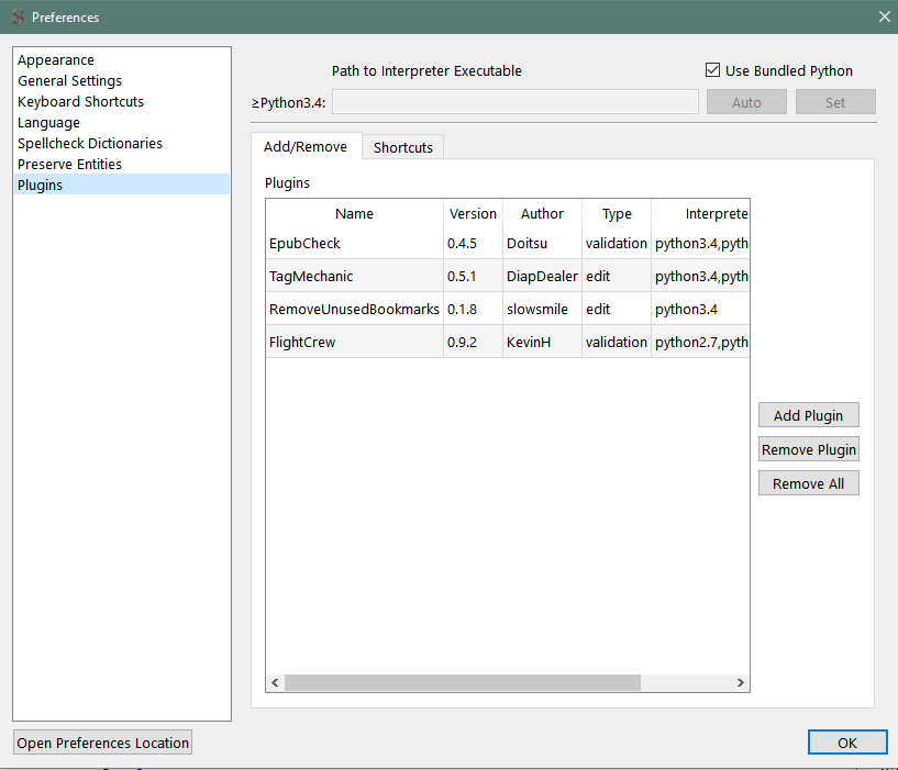 Plugin Preferences and management dialog.