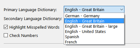 Spellcheck Preferences setting the Primary Language Dictionary.