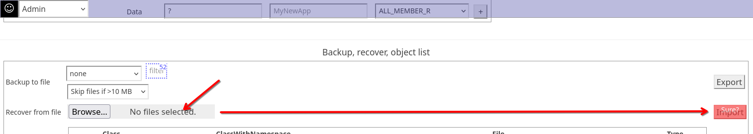 Import a dump file Browser call flow