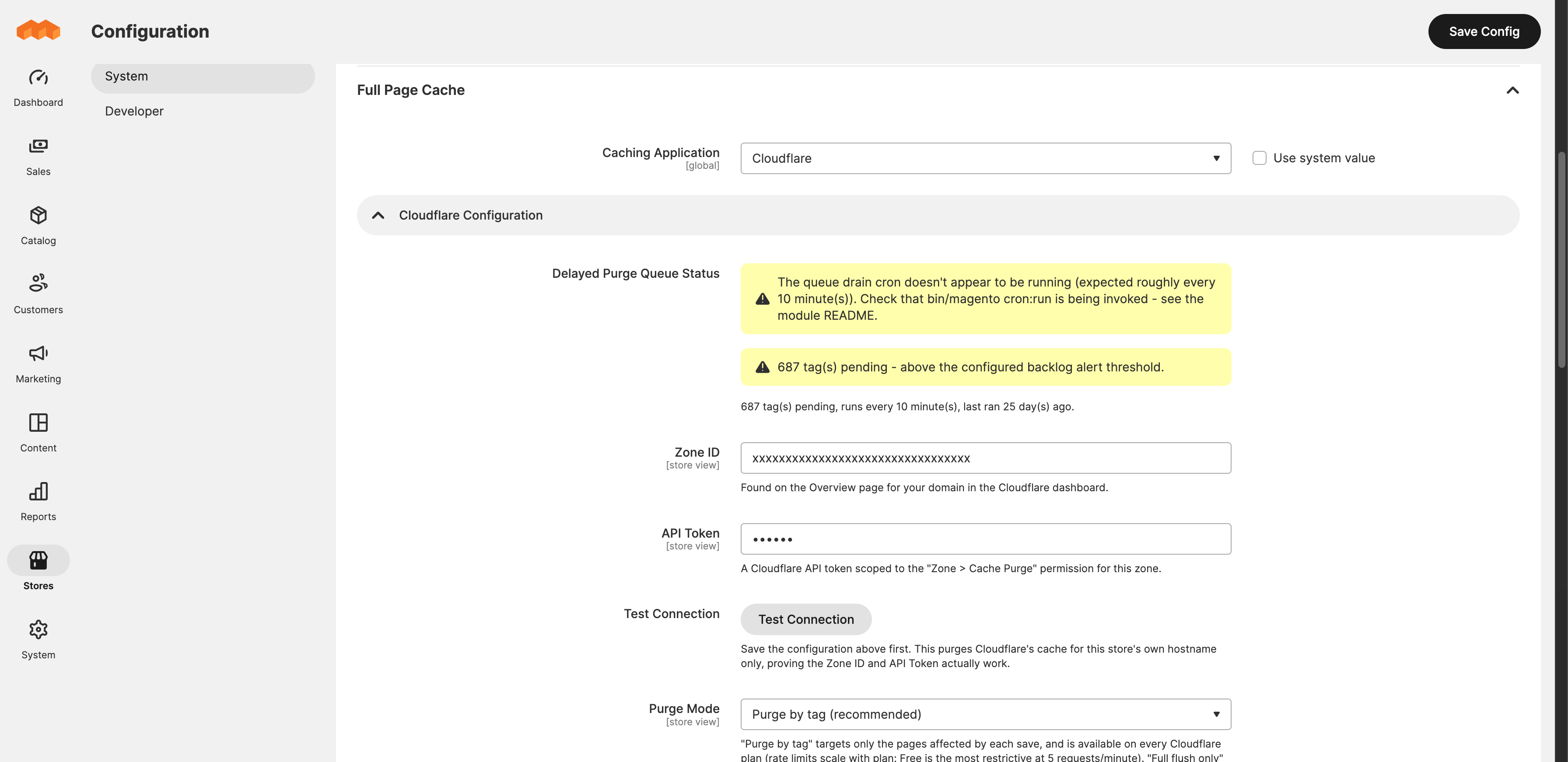 Full Page Cache configuration screen, with the Delayed Purge Queue Status flagging a stalled drain cron and a 687-tag backlog