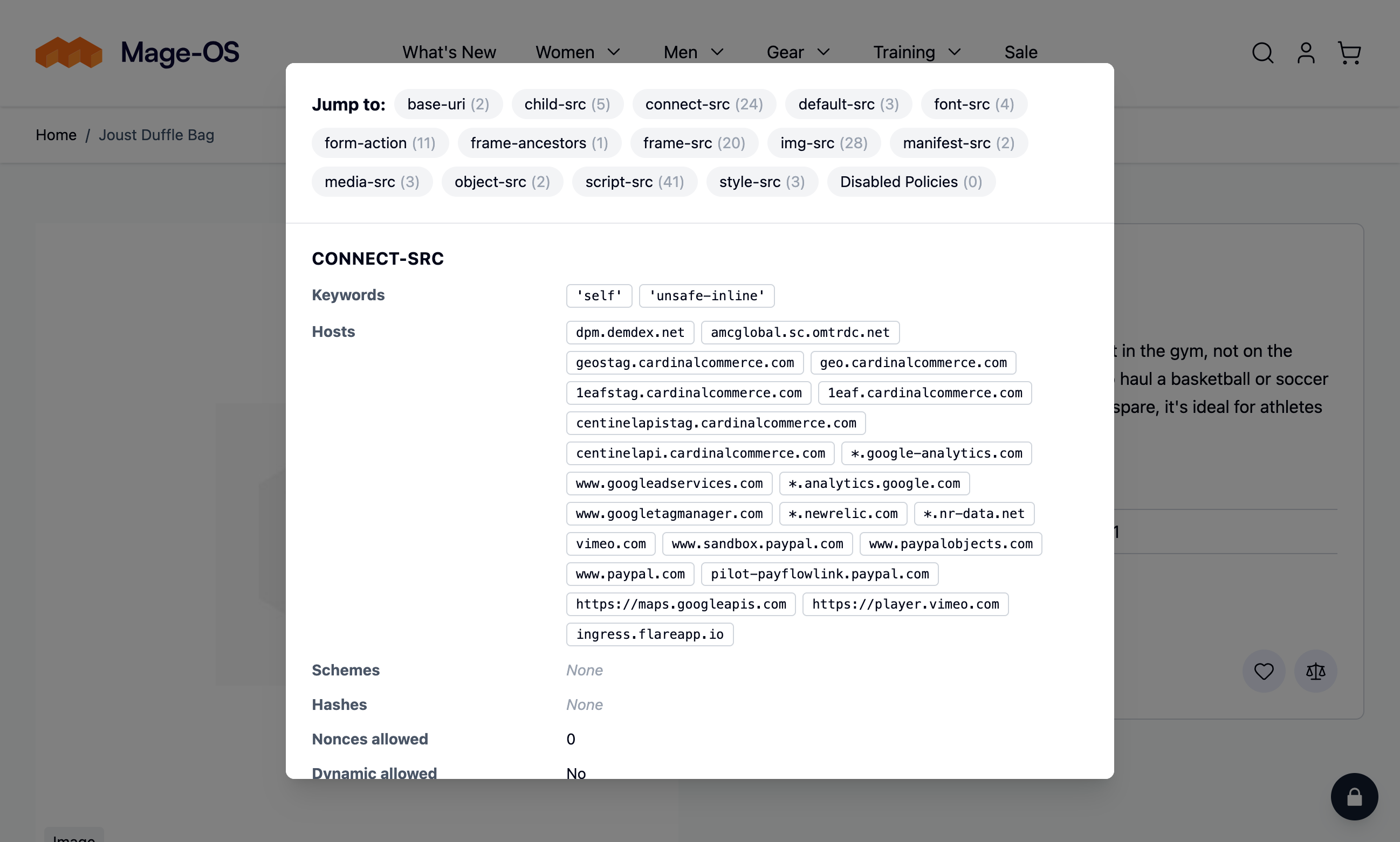 CSP Debug modal rendered with Hyvä's Tailwind CSS and Alpine.js