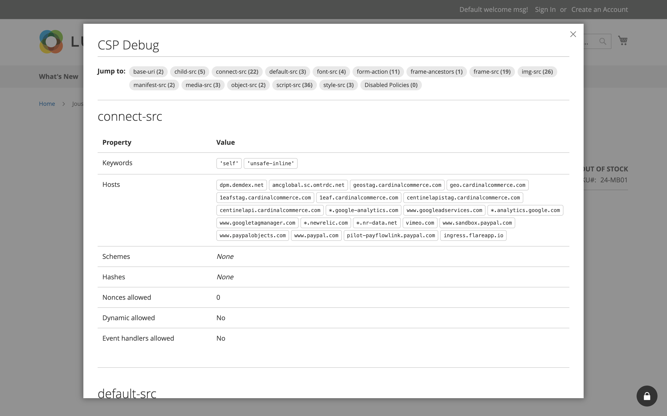 CSP Debug modal showing active directives