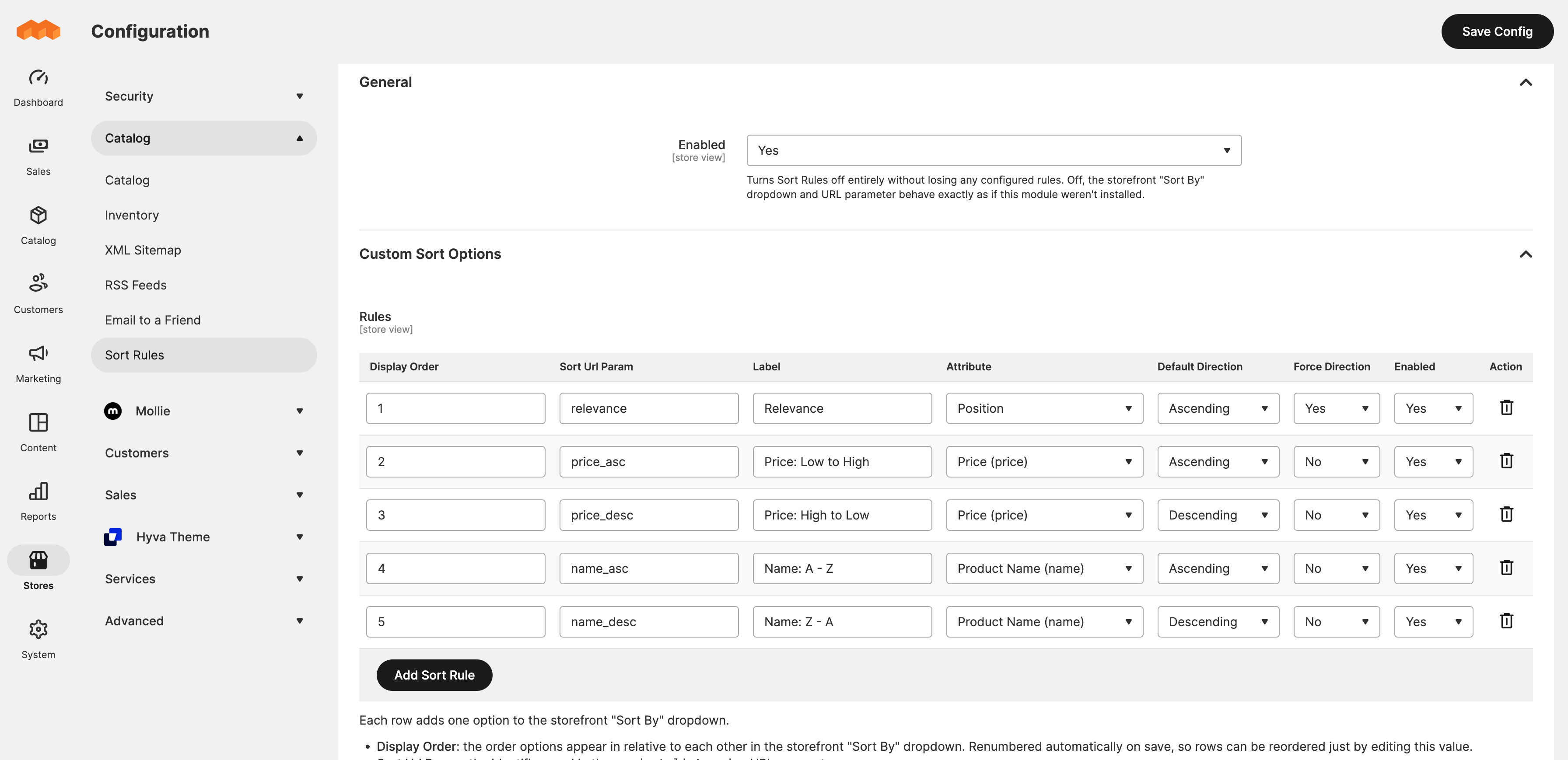 Sort Rules admin configuration grid