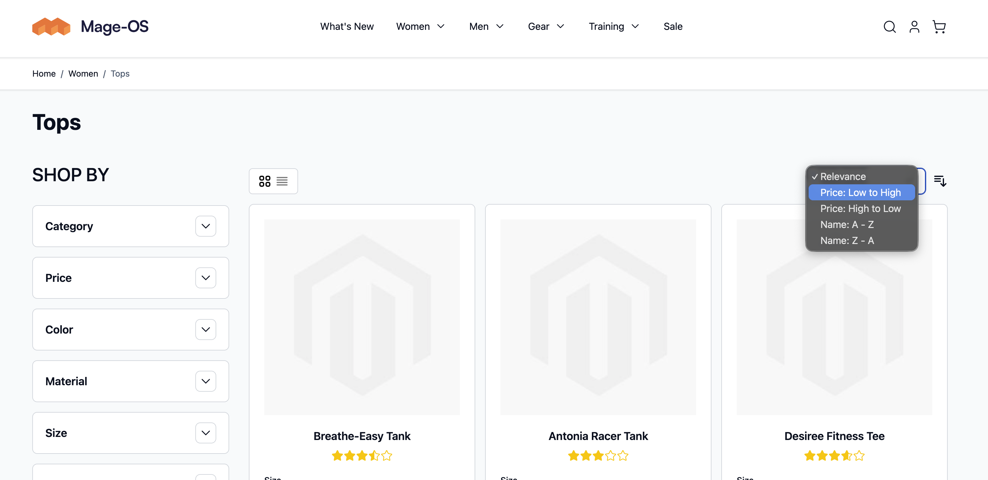 Storefront "Sort By" dropdown showing custom options