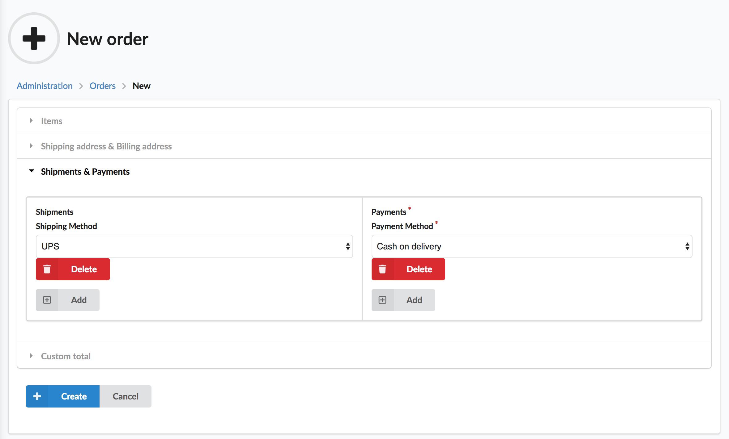 Screenshot showing the order creation page, Shipments&Payments section