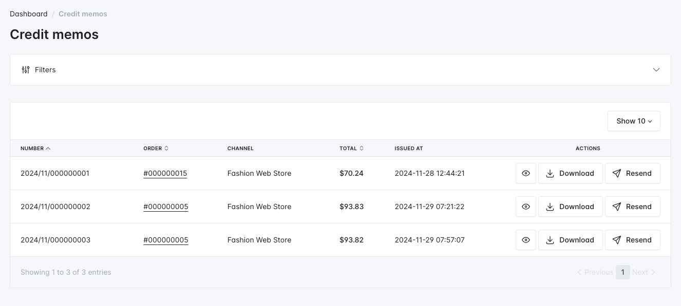 Screenshot showing order's credit memos