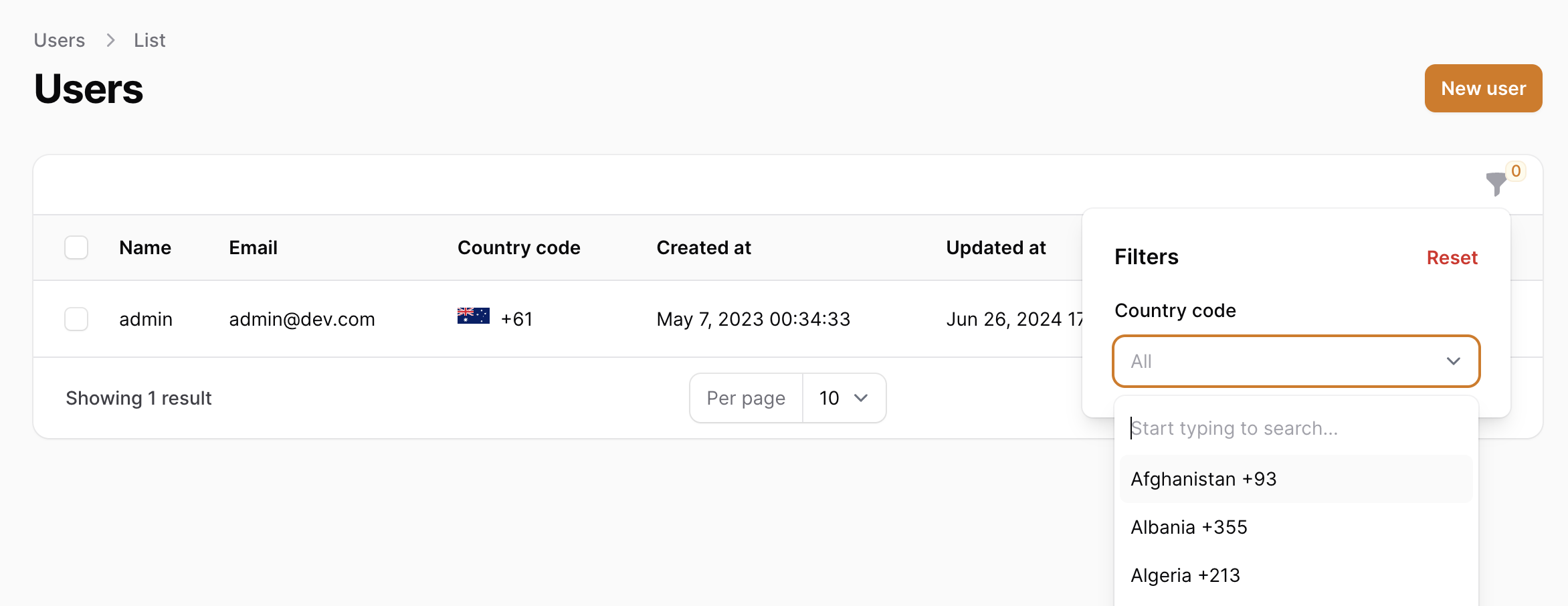 Filament Country Code Table Column and Filter