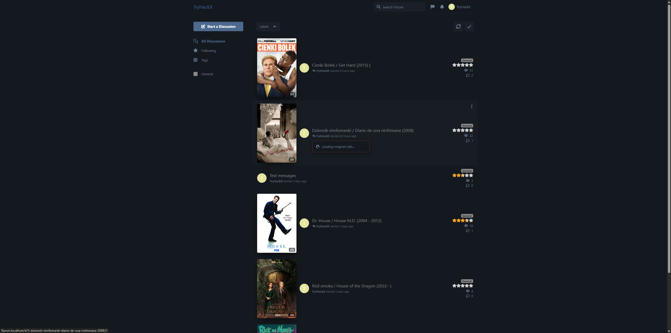 Desktop discussion list — magnet tooltip mid-load on a topic