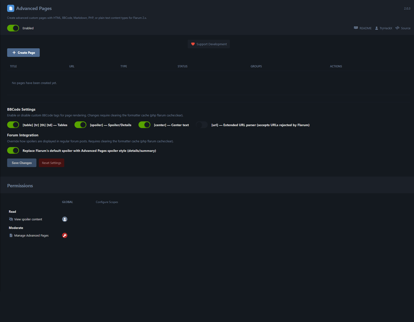 Advanced Pages admin settings — page list, BBCode toggles, forum integration and permissions