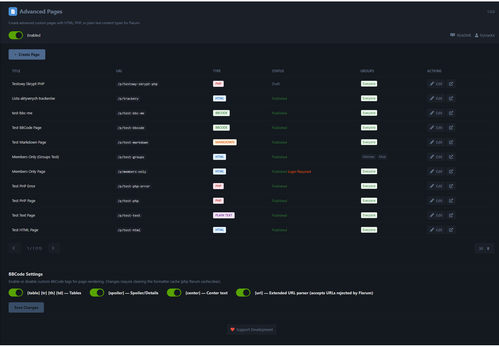 Admin panel with page management, BBCode editor with toolbar, and live preview