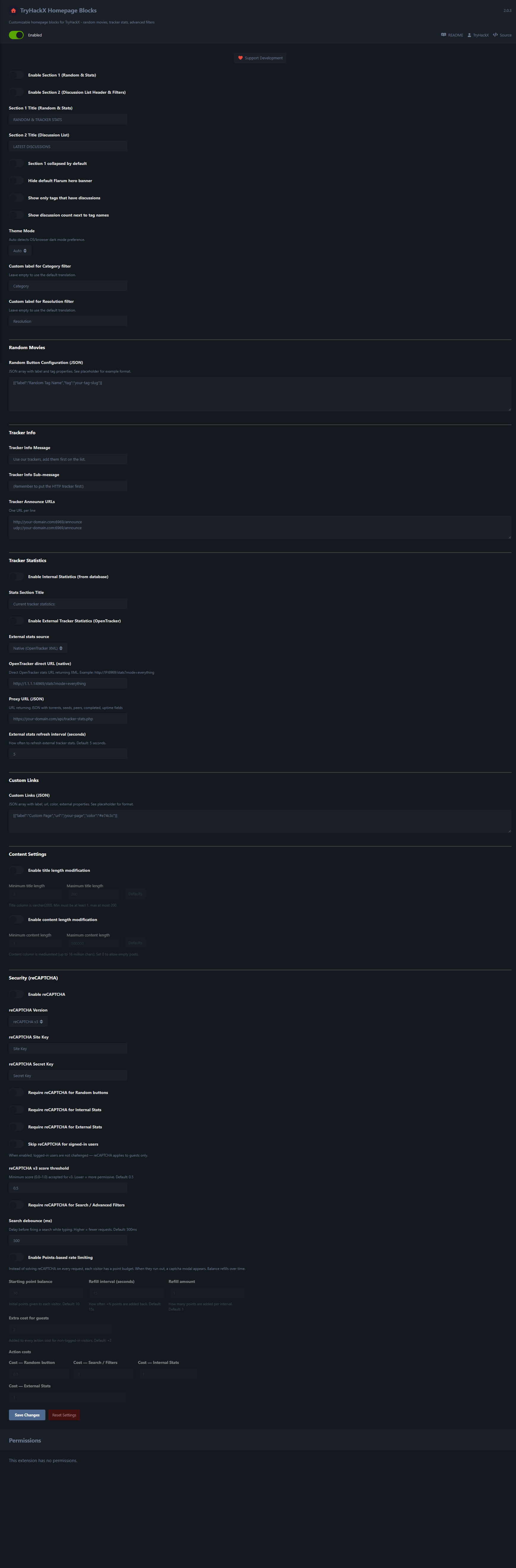 TryHackX Homepage Blocks admin settings — sections, random buttons, tracker info, statistics, custom links, content limits and reCAPTCHA