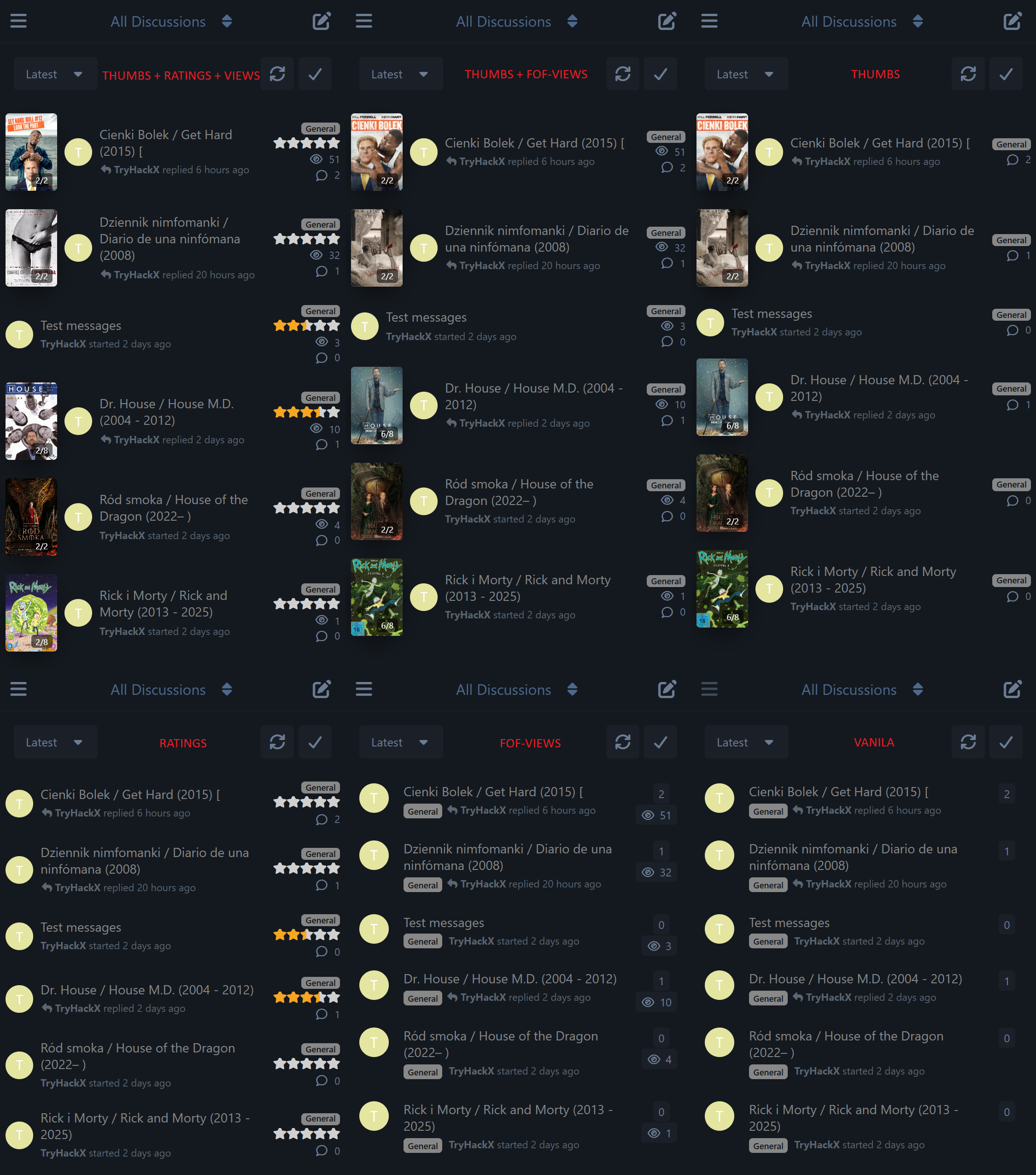 Mobile view of the discussion list across multiple TryHackX layout combinations
